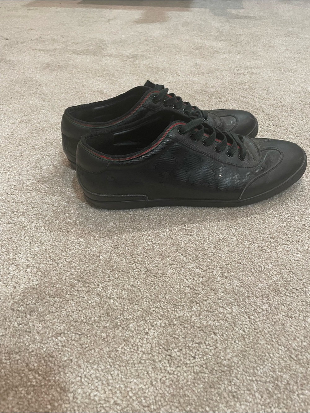 Gucci Black Low-Top GG Canvas & Leather Sneakers with Web Trim - Picture 4 of 8